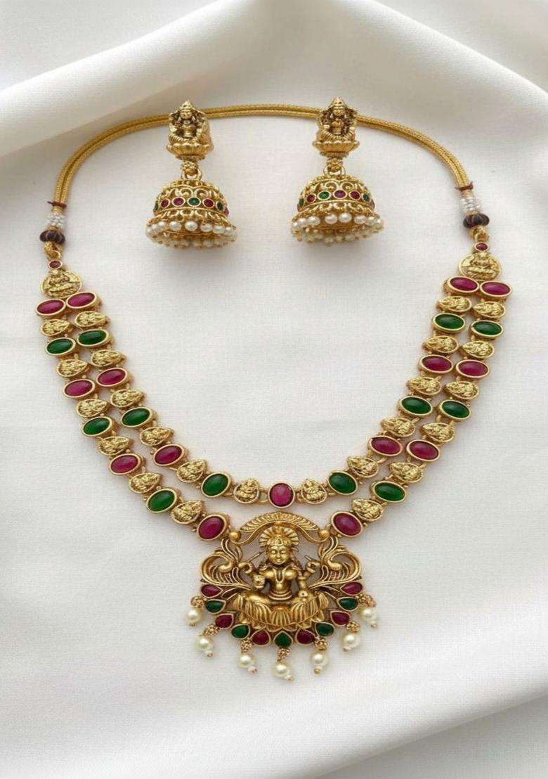 Gold-Plated Temple Stone Studded Beaded Necklace and Earrings for Women | Traditional Temple Jewellery for Wedding & Festive Wear | Gift for Her - Indya