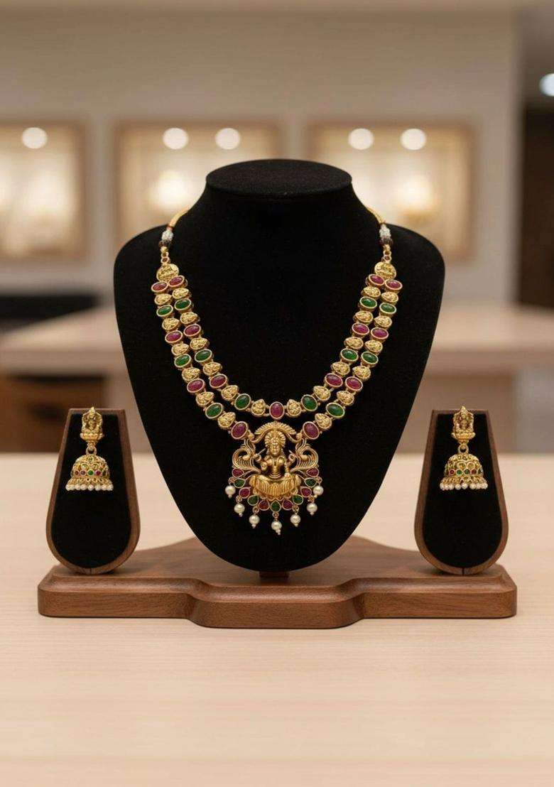 Gold-Plated Temple Stone Studded Beaded Necklace and Earrings for Women | Traditional Temple Jewellery for Wedding & Festive Wear | Gift for Her - Indya