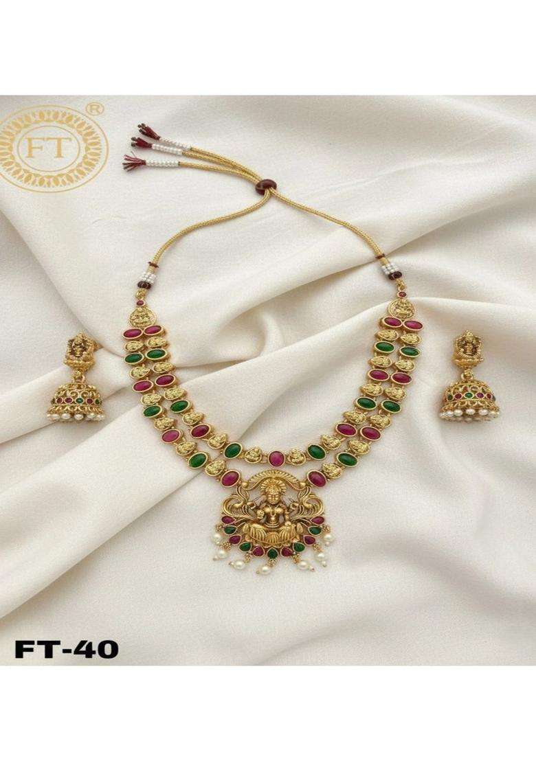 Gold-Plated Temple Stone Studded Beaded Necklace and Earrings for Women | Traditional Temple Jewellery for Wedding & Festive Wear | Gift for Her - Indya