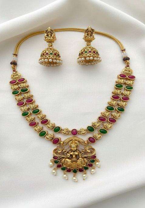 Gold-Plated Temple Stone Studded Beaded Necklace and Earrings for Women | Traditional Temple Jewellery for Wedding & Festive Wear | Gift for Her