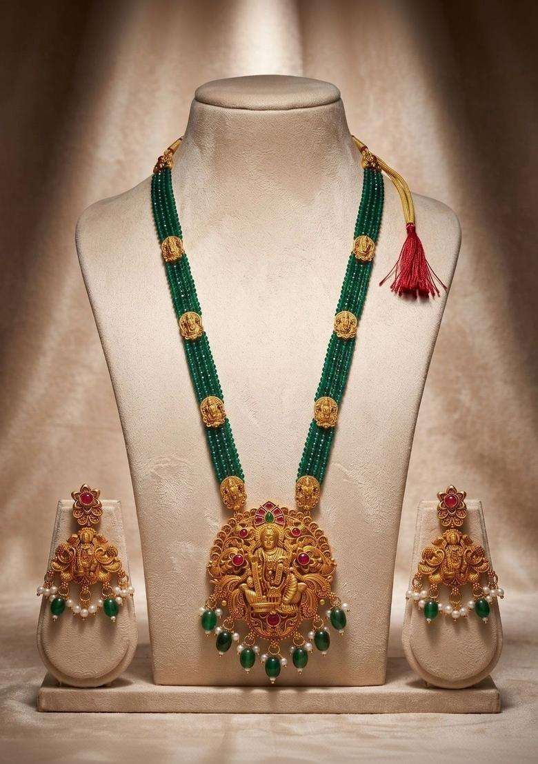 Gold-Plated Temple Stone Studded & Beaded Necklace and Earrings for Women | Traditional Temple Jewellery for Wedding & Festive Wear | Gift for Her - Indya