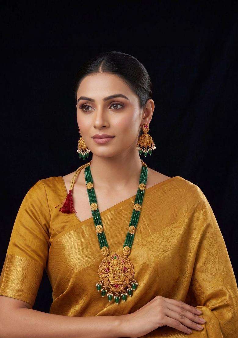 Gold-Plated Temple Stone Studded & Beaded Necklace and Earrings for Women | Traditional Temple Jewellery for Wedding & Festive Wear | Gift for Her - Indya