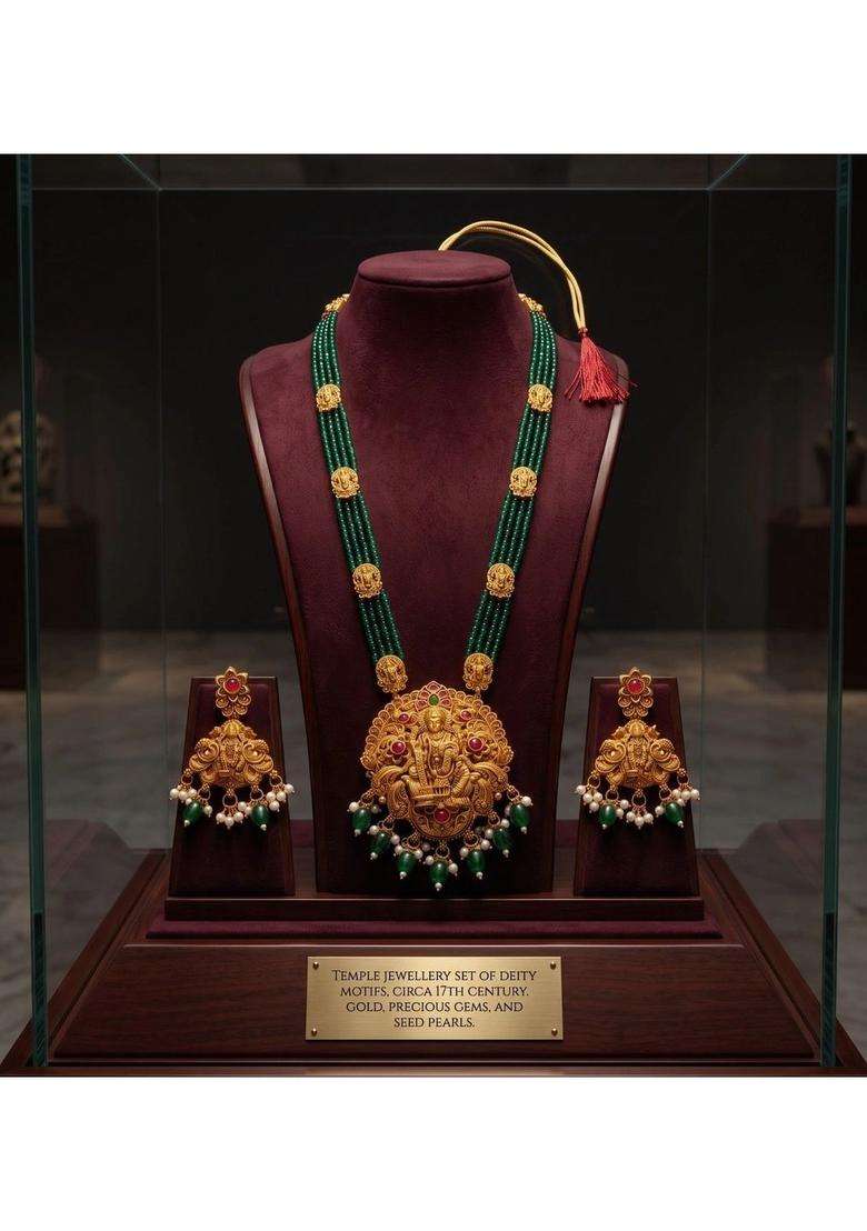 Gold-Plated Temple Stone Studded & Beaded Necklace and Earrings for Women | Traditional Temple Jewellery for Wedding & Festive Wear | Gift for Her - Indya