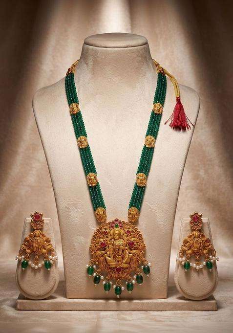 Gold-Plated Temple Stone Studded & Beaded Necklace and Earrings for Women | Traditional Temple Jewellery for Wedding & Festive Wear | Gift for Her