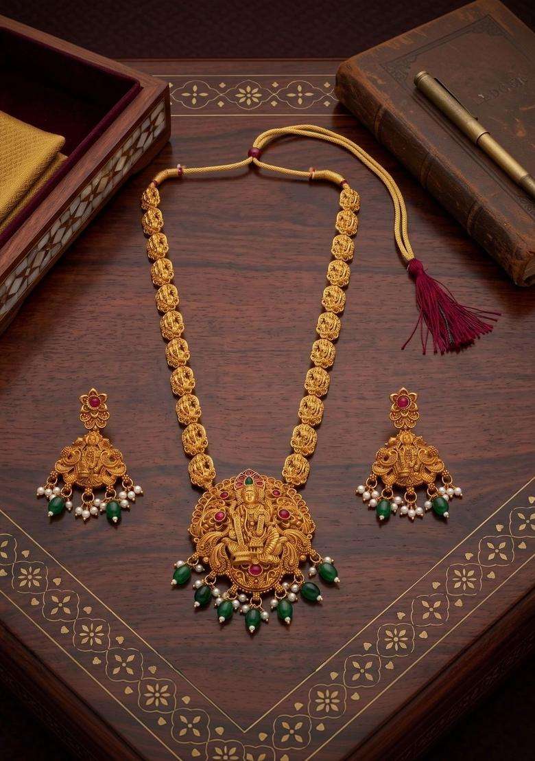 Gold-Plated Temple Stone Studded & Beaded Necklace and Earrings for Women | Traditional Temple Jewellery for Wedding & Festive Wear | Gift for Her - Indya