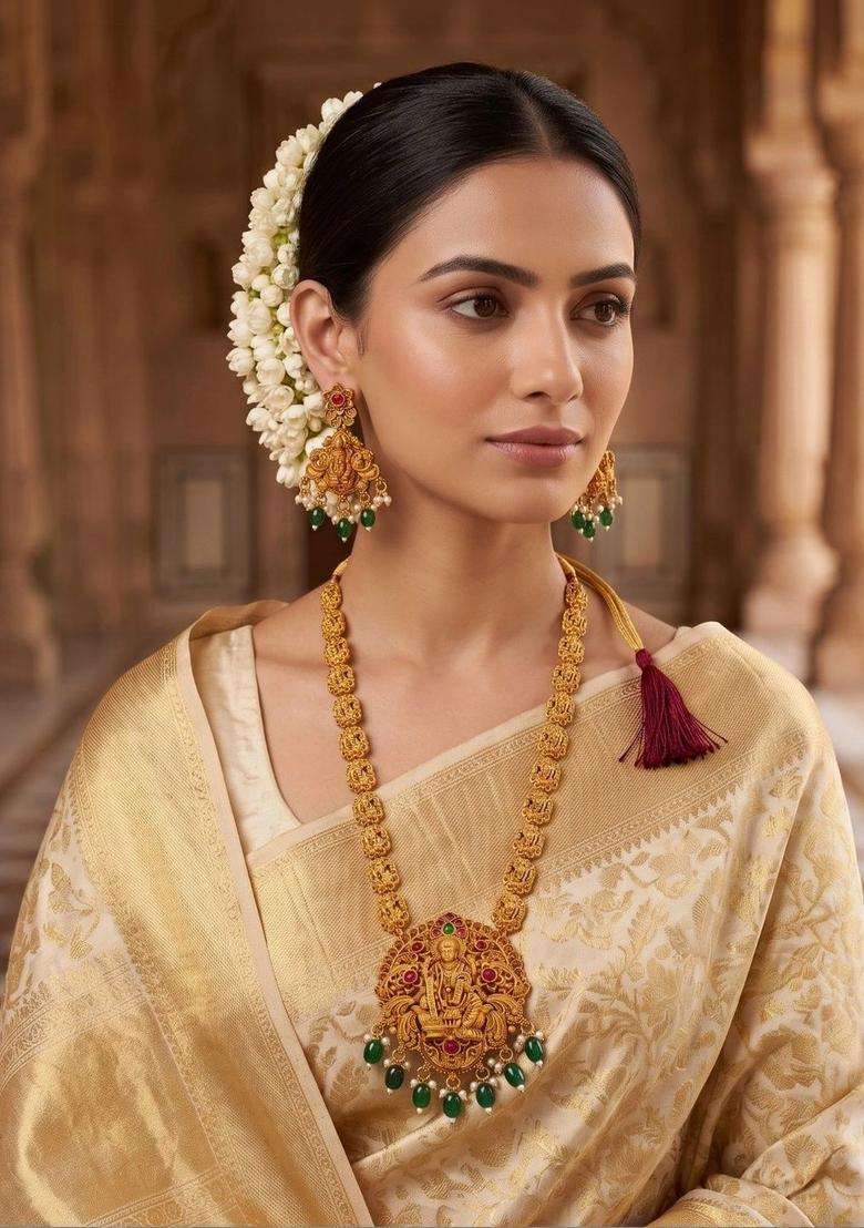 Gold-Plated Temple Stone Studded & Beaded Necklace and Earrings for Women | Traditional Temple Jewellery for Wedding & Festive Wear | Gift for Her - Indya