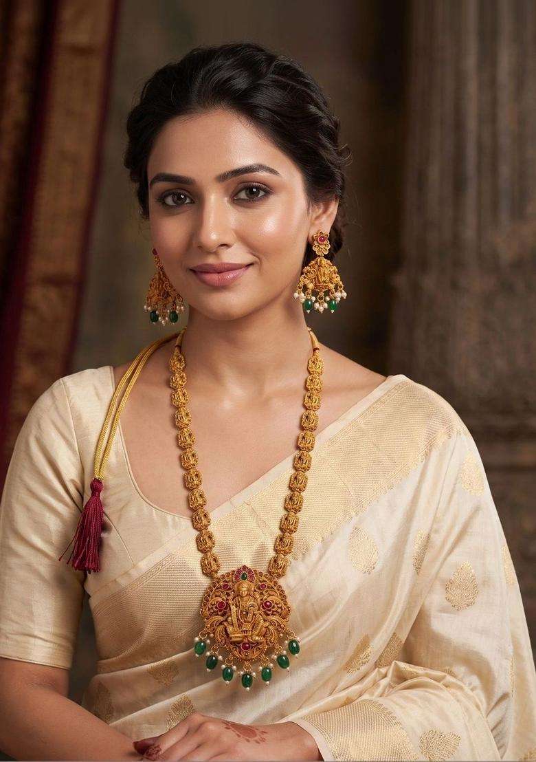 Gold-Plated Temple Stone Studded & Beaded Necklace and Earrings for Women | Traditional Temple Jewellery for Wedding & Festive Wear | Gift for Her - Indya