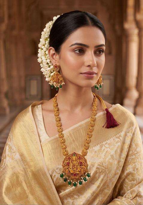 Gold-Plated Temple Stone Studded & Beaded Necklace and Earrings for Women | Traditional Temple Jewellery for Wedding & Festive Wear | Gift for Her