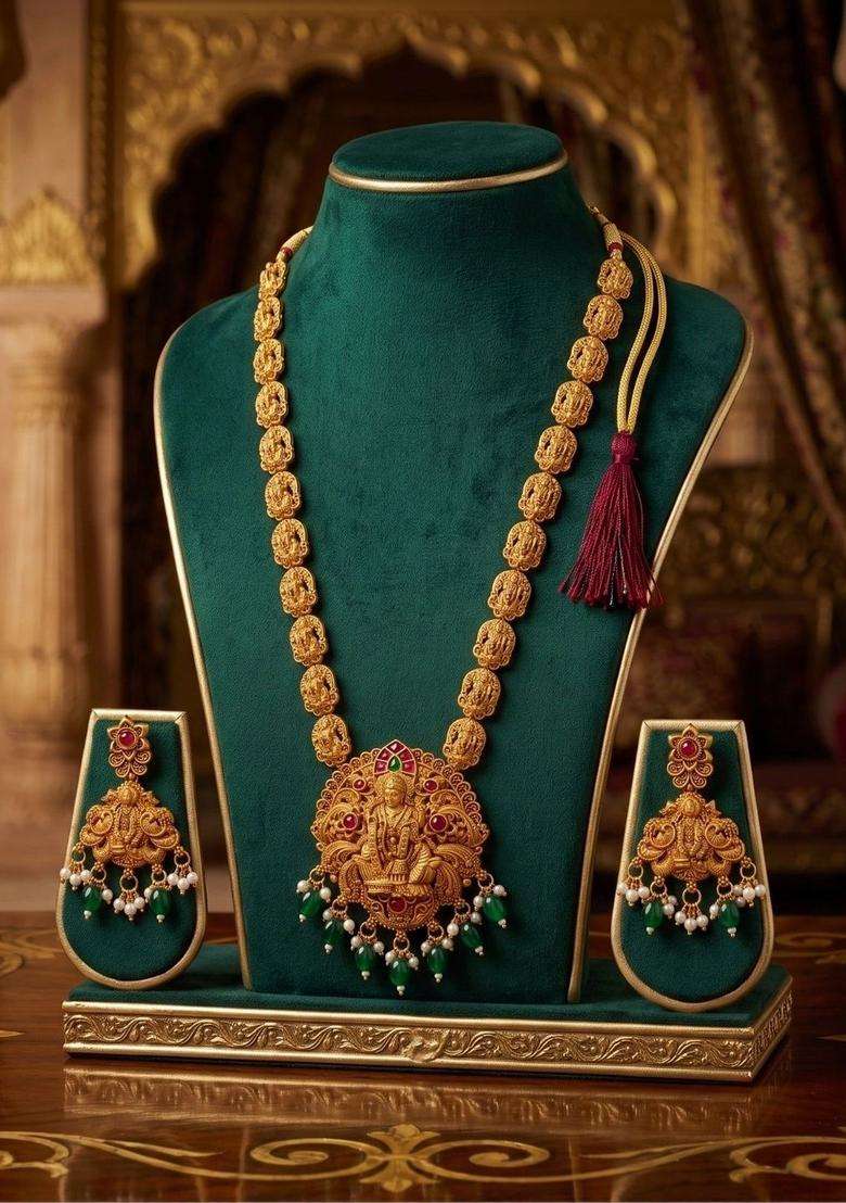 Gold-Plated Temple Stone Studded & Beaded Necklace and Earrings for Women | Traditional Temple Jewellery for Wedding & Festive Wear | Gift for Her - Indya