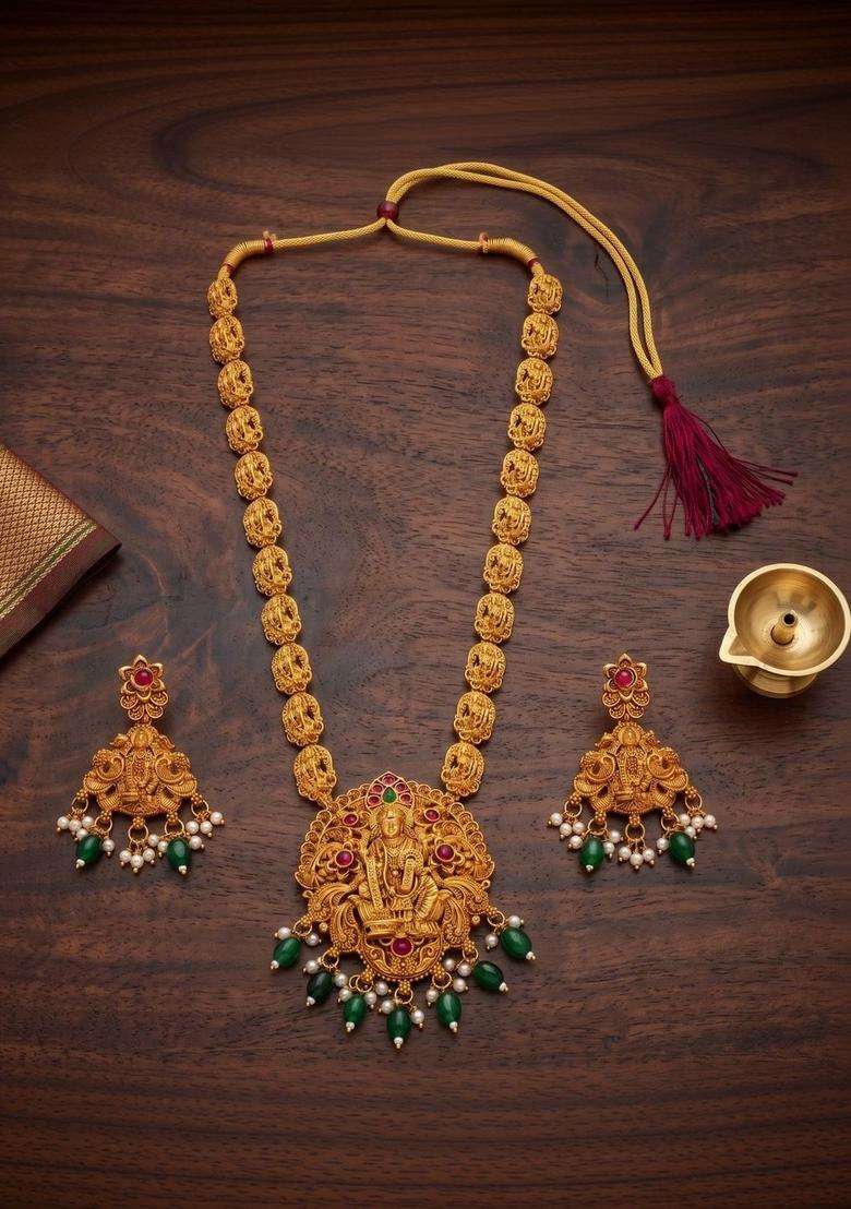 Gold-Plated Temple Stone Studded & Beaded Necklace and Earrings for Women | Traditional Temple Jewellery for Wedding & Festive Wear | Gift for Her - Indya