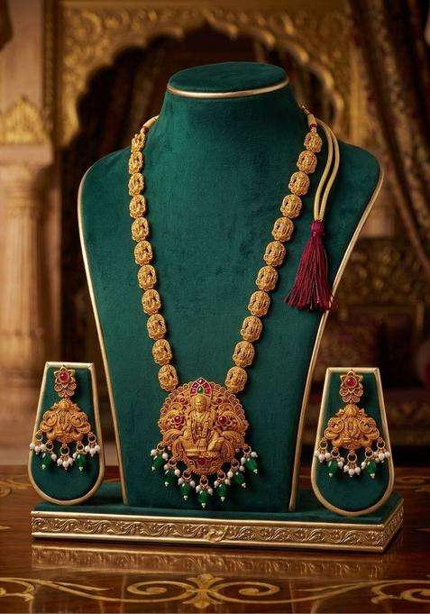 Gold-Plated Temple Stone Studded & Beaded Necklace and Earrings for Women | Traditional Temple Jewellery for Wedding & Festive Wear | Gift for Her