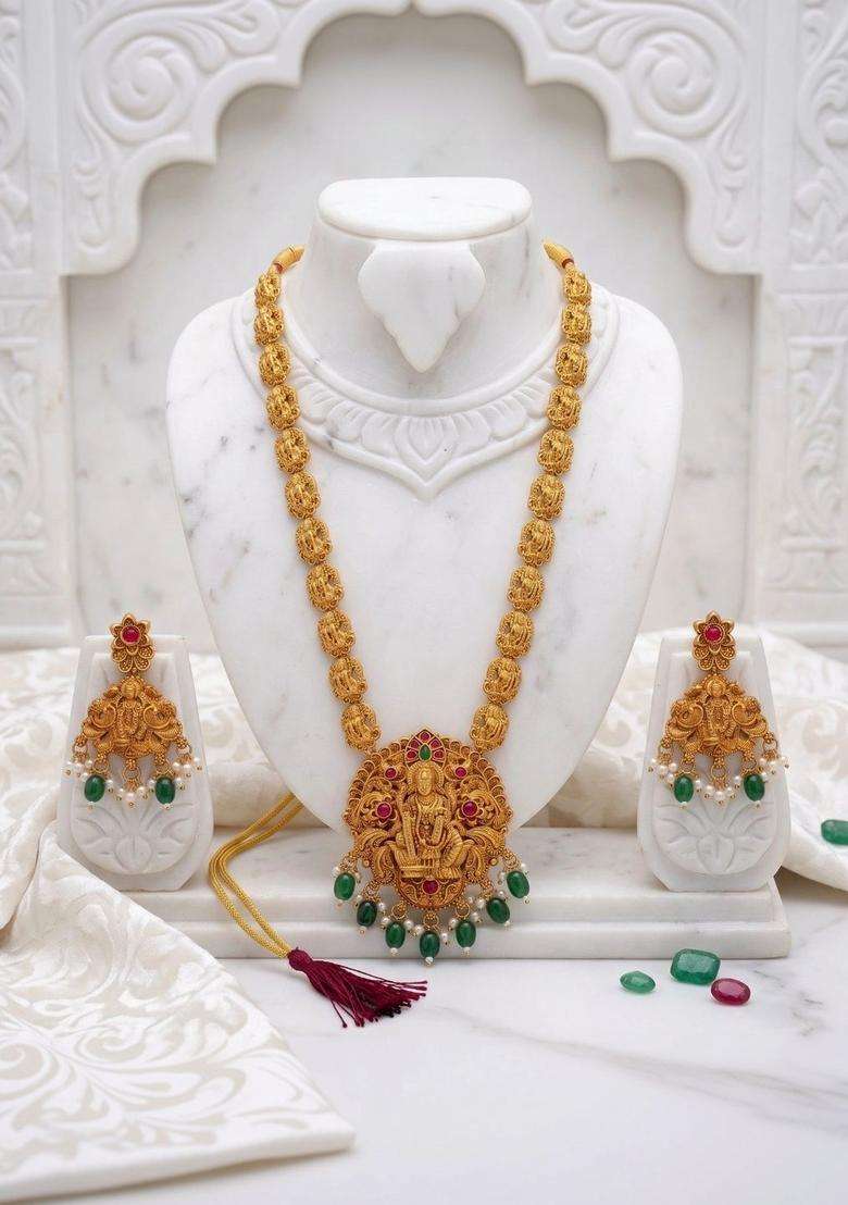 Gold-Plated Temple Stone Studded & Beaded Necklace and Earrings for Women | Traditional Temple Jewellery for Wedding & Festive Wear | Gift for Her - Indya