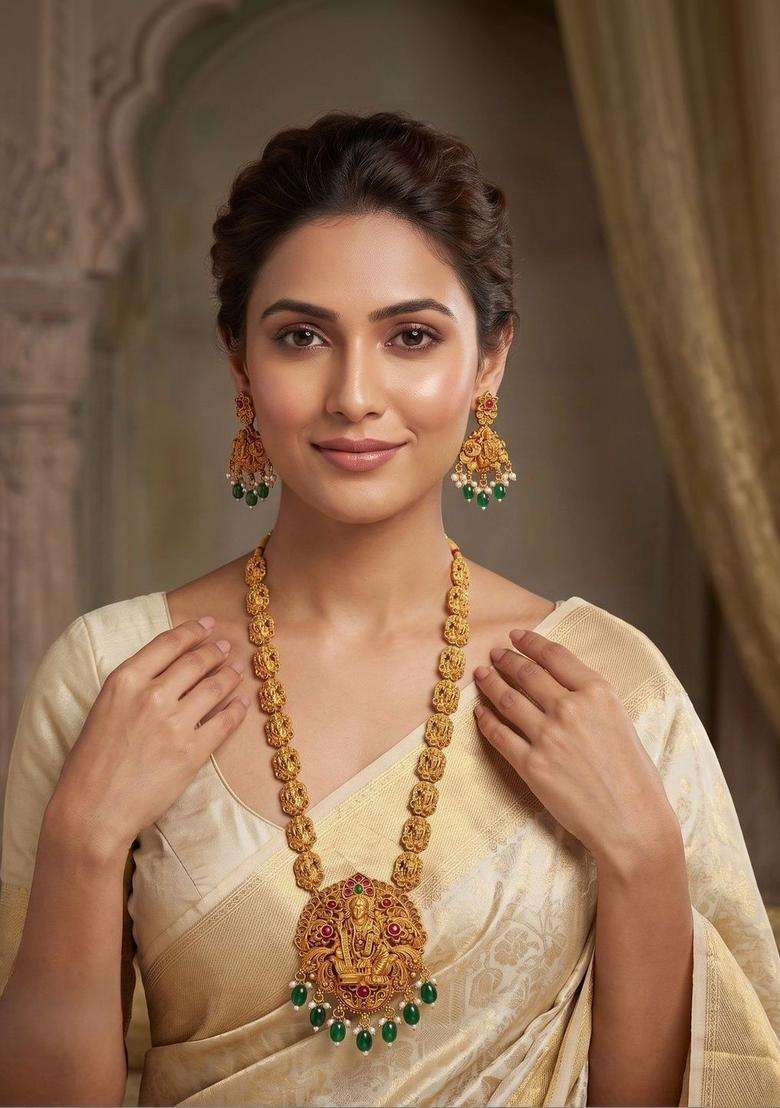 Gold-Plated Temple Stone Studded & Beaded Necklace and Earrings for Women | Traditional Temple Jewellery for Wedding & Festive Wear | Gift for Her - Indya