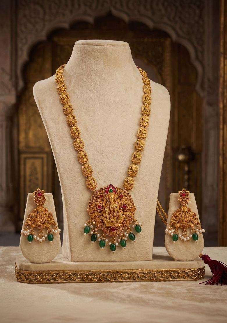 Gold-Plated Temple Stone Studded & Beaded Necklace and Earrings for Women | Traditional Temple Jewellery for Wedding & Festive Wear | Gift for Her - Indya