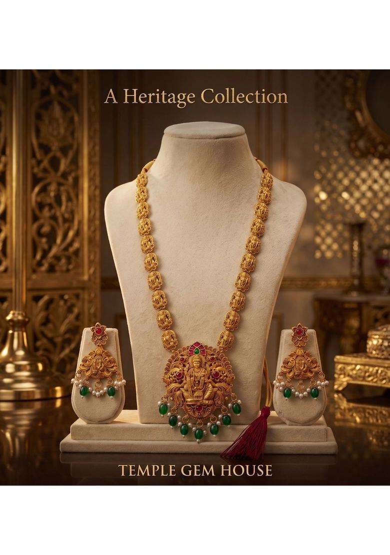 Gold-Plated Temple Stone Studded & Beaded Necklace and Earrings for Women | Traditional Temple Jewellery for Wedding & Festive Wear | Gift for Her - Indya