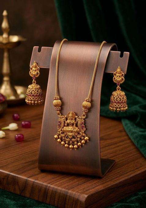 Gold-Plated Temple Beaded Pendant and Earrings for Women | Traditional Temple Jewellery for Wedding & Festive Wear | Gift for Her
