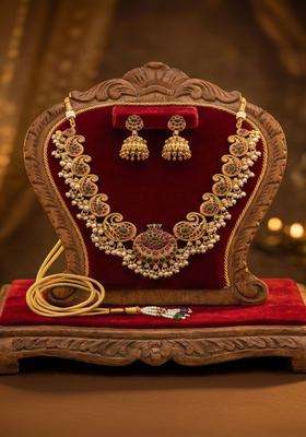 Gold-Plated Temple Stone Studded & Beaded Necklace and Earrings for Women | Traditional Temple Jewellery for Wedding & Festive Wear | Gift for Her