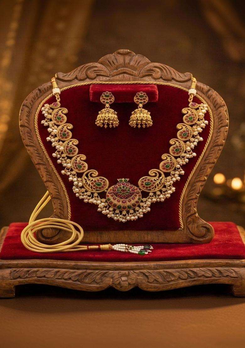 Gold-Plated Temple Stone Studded & Beaded Necklace and Earrings for Women | Traditional Temple Jewellery for Wedding & Festive Wear | Gift for Her - Indya