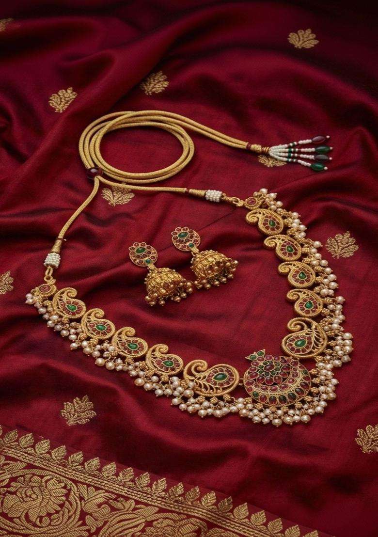 Gold-Plated Temple Stone Studded & Beaded Necklace and Earrings for Women | Traditional Temple Jewellery for Wedding & Festive Wear | Gift for Her - Indya