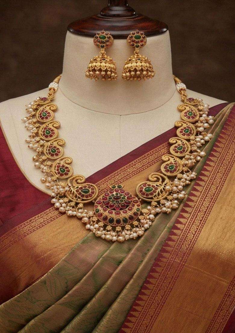 Gold-Plated Temple Stone Studded & Beaded Necklace and Earrings for Women | Traditional Temple Jewellery for Wedding & Festive Wear | Gift for Her - Indya