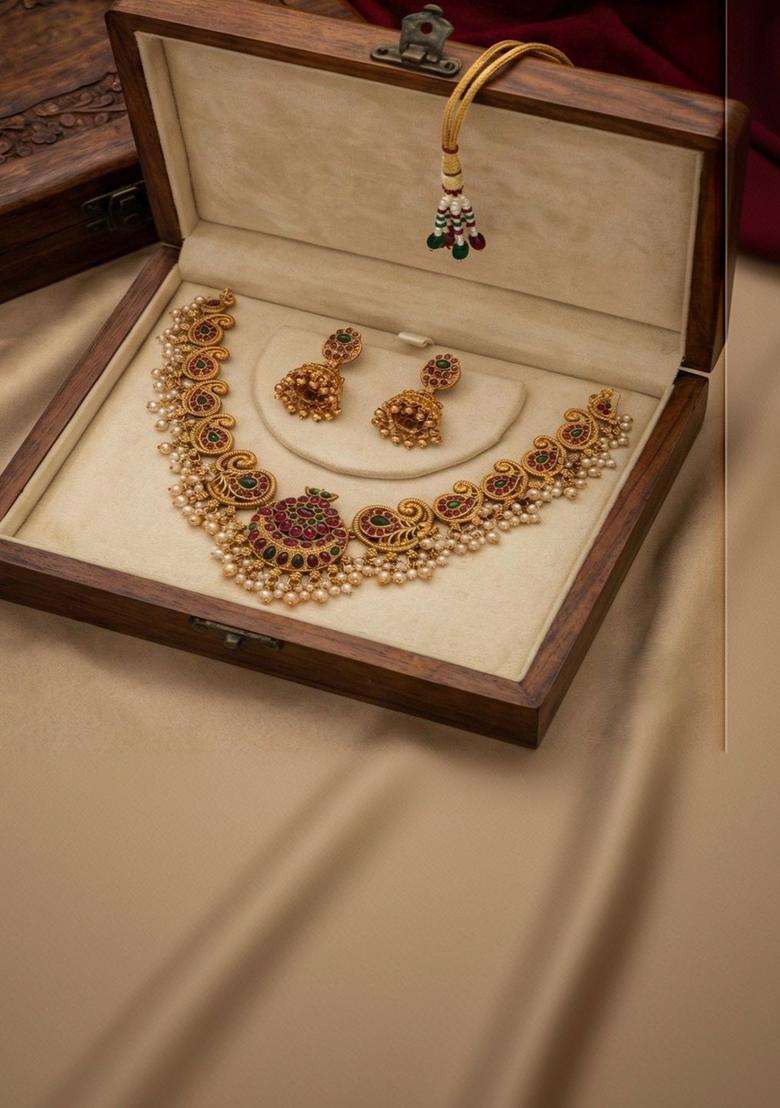 Gold-Plated Temple Stone Studded & Beaded Necklace and Earrings for Women | Traditional Temple Jewellery for Wedding & Festive Wear | Gift for Her - Indya