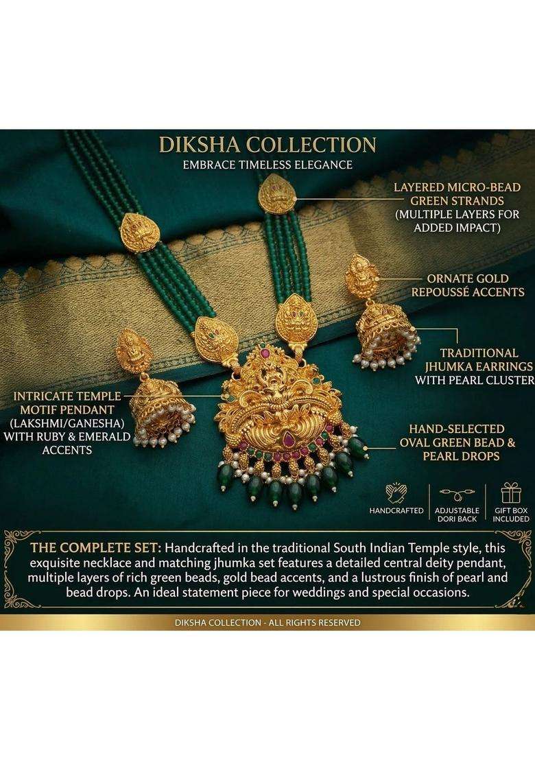 Gold-Plated Temple Beaded Necklace and Earrings Jewellery Set for Women | Traditional Temple Jewellery for Wedding & Festive Wear | Gift for Her - Indya