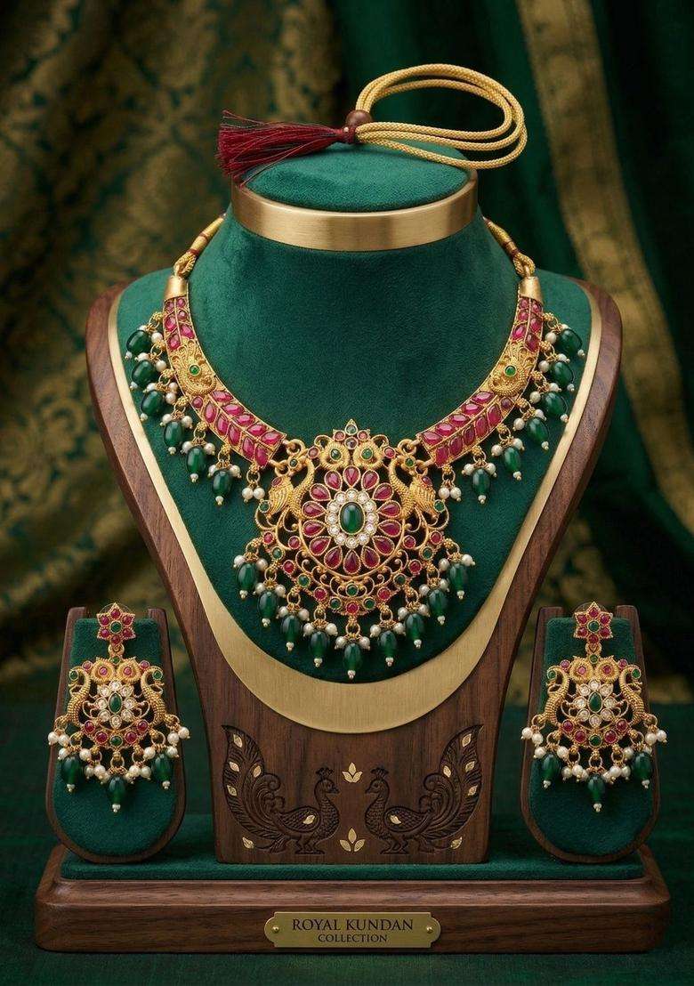 Gold-Plated Temple Beaded Necklace and Earrings for Women | Traditional Temple Jewellery for Wedding & Festive Wear | Gift for Her - Indya