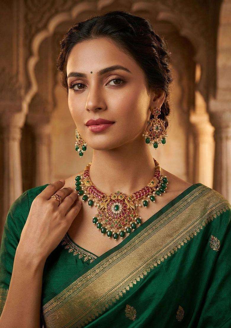 Gold-Plated Temple Beaded Necklace and Earrings for Women | Traditional Temple Jewellery for Wedding & Festive Wear | Gift for Her - Indya