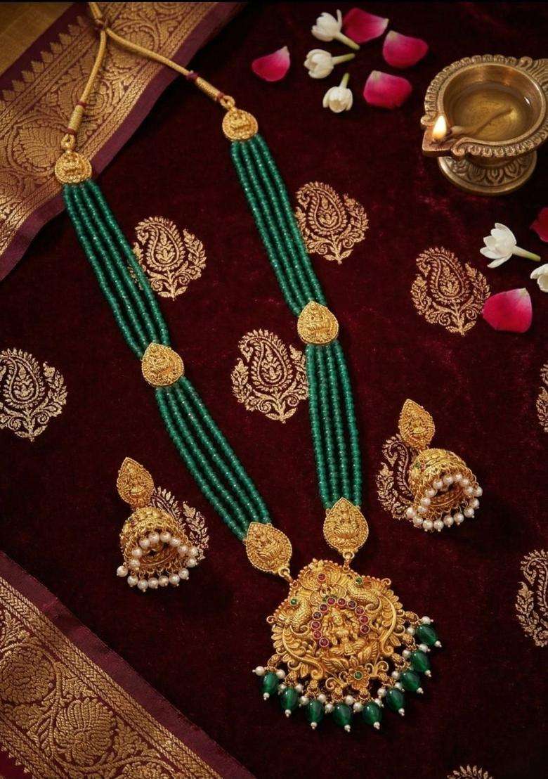 Gold-Plated Temple Beaded Necklace and Earrings Jewellery Set for Women | Traditional Temple Jewellery for Wedding & Festive Wear | Gift for Her - Indya