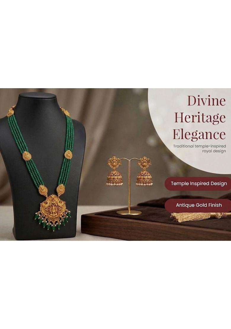 Gold-Plated Temple Beaded Necklace and Earrings Jewellery Set for Women | Traditional Temple Jewellery for Wedding & Festive Wear | Gift for Her - Indya