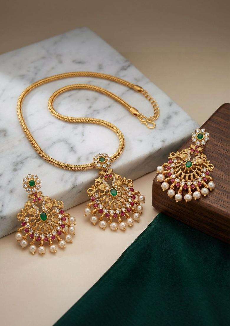 Gold-Plated Temple Beaded Pendant and Earrings for Women | Traditional Temple Jewellery for Wedding & Festive Wear | Gift for Her - Indya