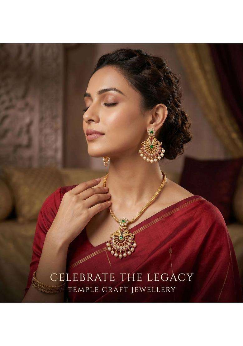 Gold-Plated Temple Beaded Pendant and Earrings for Women | Traditional Temple Jewellery for Wedding & Festive Wear | Gift for Her - Indya