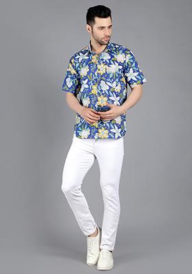 Royal Blue Milkyway Handblock Printed Shirt For Men