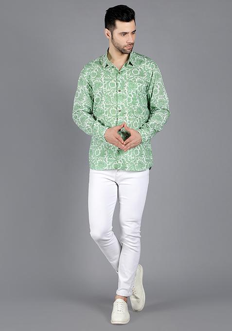 Green Spica Floral Print Handblock Shirt For Men