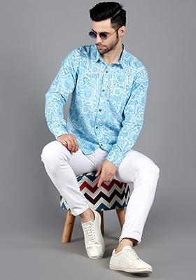 Sky Blue Capella Block Print Shirt For Men