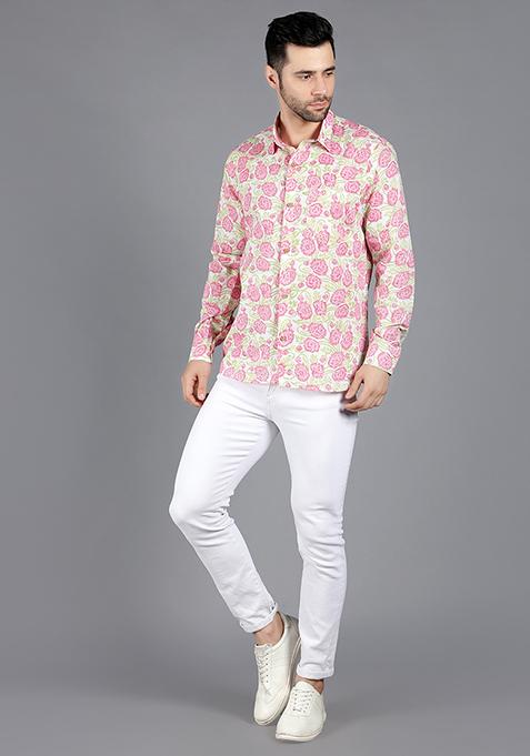 Pink Pollux Floral Print Handblock Cotton Shirt For Men
