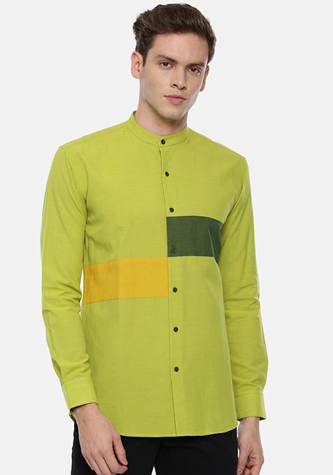 Green And Yellow Colourblocked Shirt For Men
