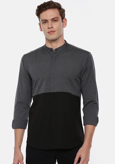 Grey And Black Colourblocked Shirt For Men
