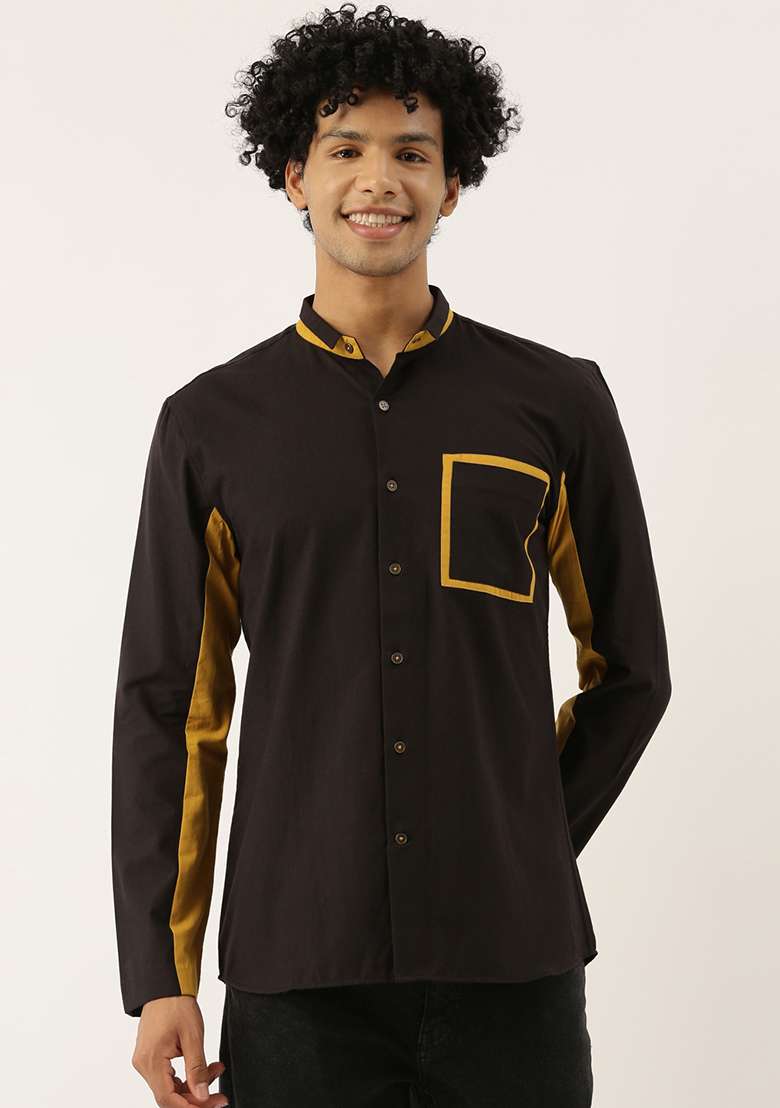 Black And Mustard Cotton Shirt For Men - Indya