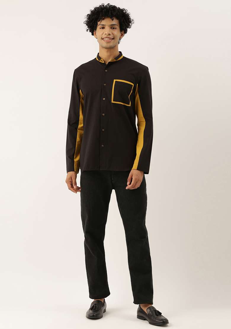 Black And Mustard Cotton Shirt For Men - Indya