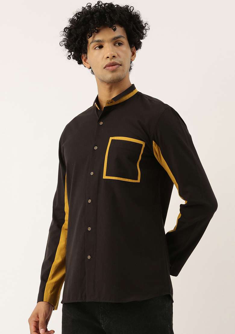 Black And Mustard Cotton Shirt For Men - Indya