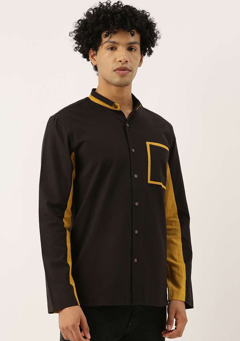 Black And Mustard Cotton Shirt For Men - Indya