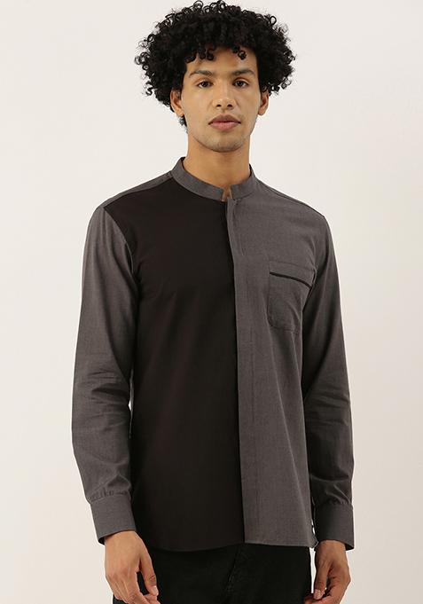 Black And Grey Colourblocked Shirt For Men