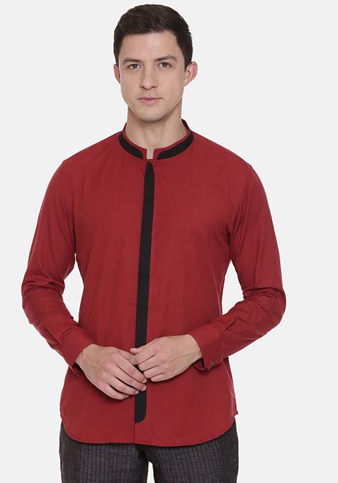 Red Chinese Collar Cotton Shirt For Men