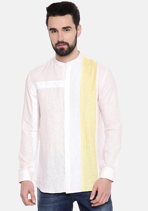 White And Yellow Linen Chinese Collar Shirt For Men