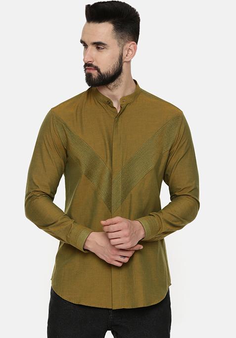 Mustard Green Pintuck Cotton Shirt For Men