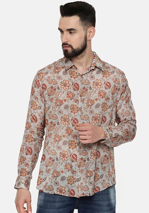 Grey And Beige Printed Muslin Shirt For Men