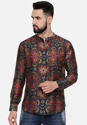 Green And Red Geometric Print Linen Bemberg Shirt For Men