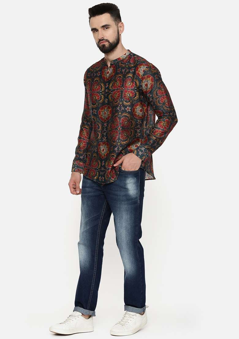 Green And Red Geometric Print Linen Bemberg Shirt For Men - Indya