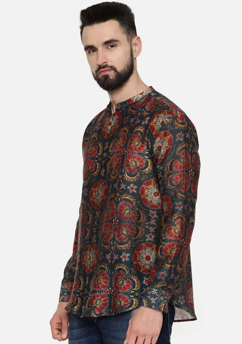 Green And Red Geometric Print Linen Bemberg Shirt For Men - Indya